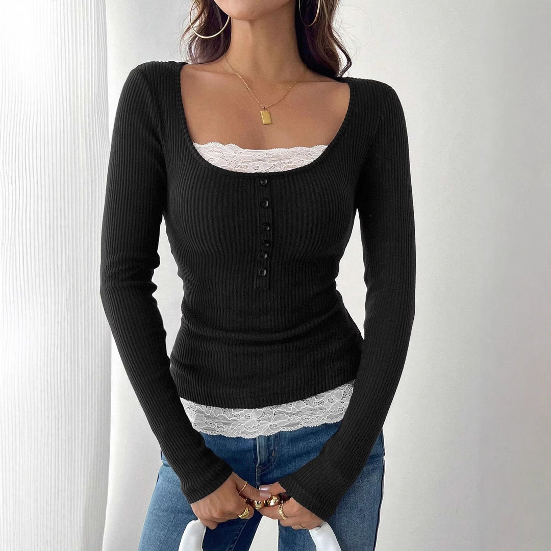 Women’s ribbed top with deep scoop neckline, decorative button placket and lace insert Amarae