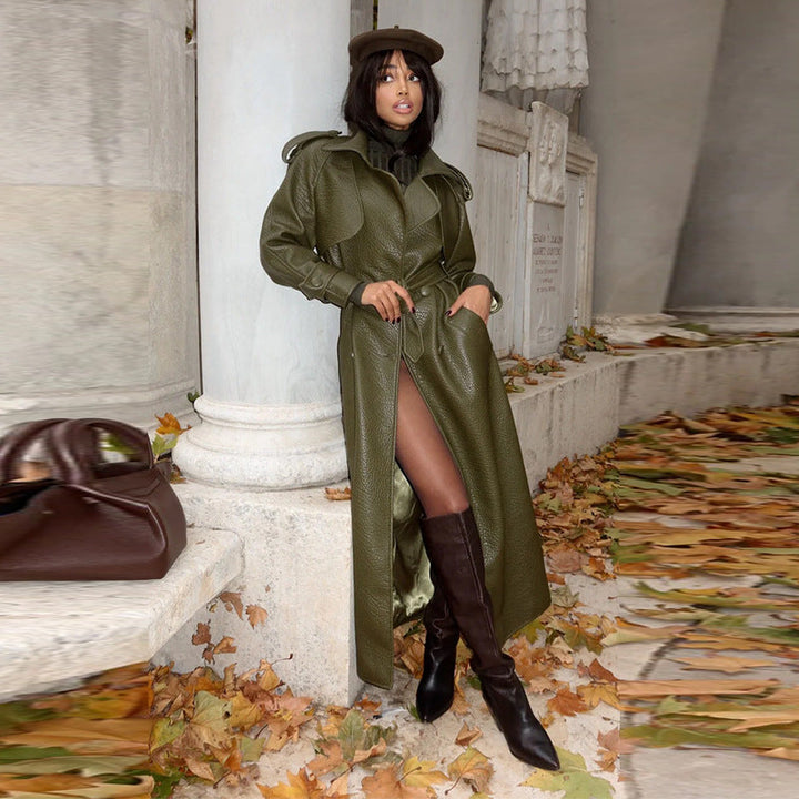 Women's Faux Leather Trench Coat with Top and Waist Belt Lune London