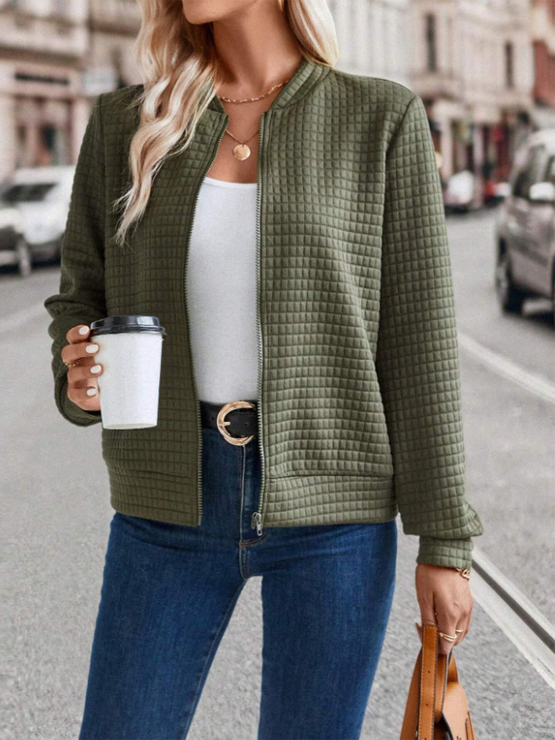 Ladies quilted leisure jacket with high collar and zipper Lune London