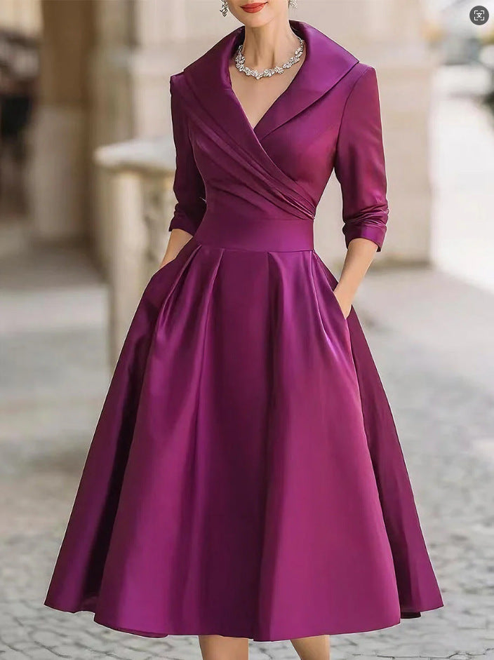 Women's Elegant Satin Midi Dress with Wrap Top, Mid-Length Sleeves and Side Pockets Amarae