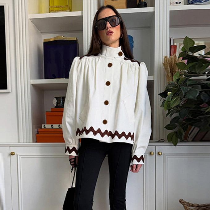 Ladies short jacket with stand-up collar, decorative wave edge and decorative button placket Amarae