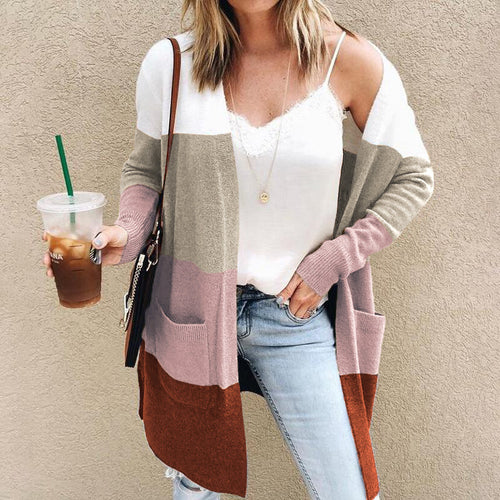 Womens knit jacket with color block design and practical pockets Amarae