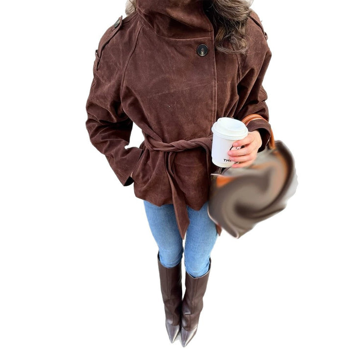 Women's short jacket made of suede with a high stand-up collar and tie belt Amarae