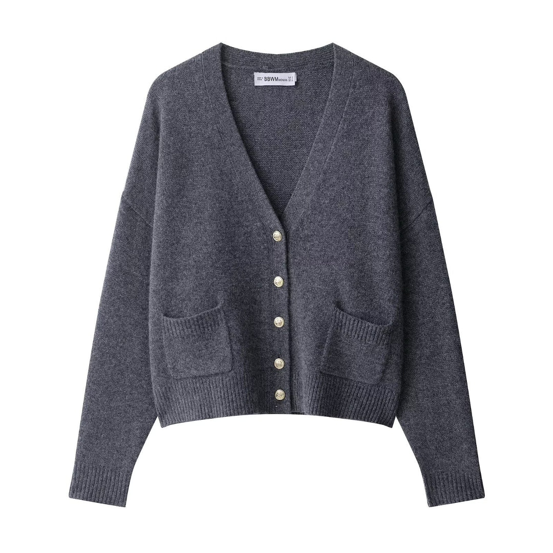 Women's Plus Size Wool Blend Cardigan with V-Neck, Gold Decorative Buttons and Flap Pockets Amarae