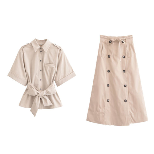 Short sleeve blouse for women with adjustable belt and practical pocket design Amarae