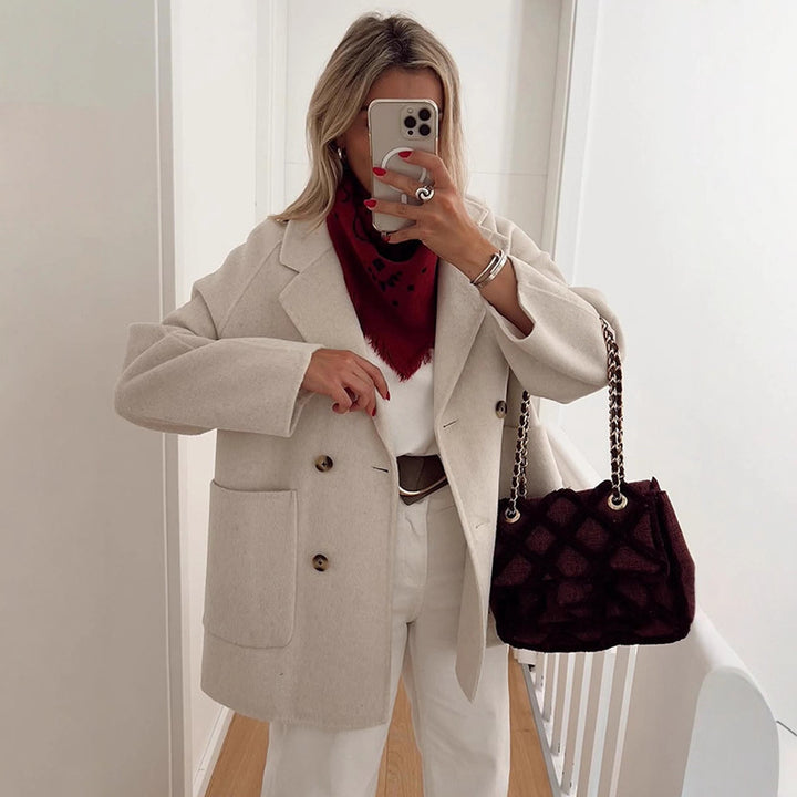 Women's Boxy Wool Blend Cocoon Jacket with Double-Breasted Button Placket and Wide Lapels Amarae