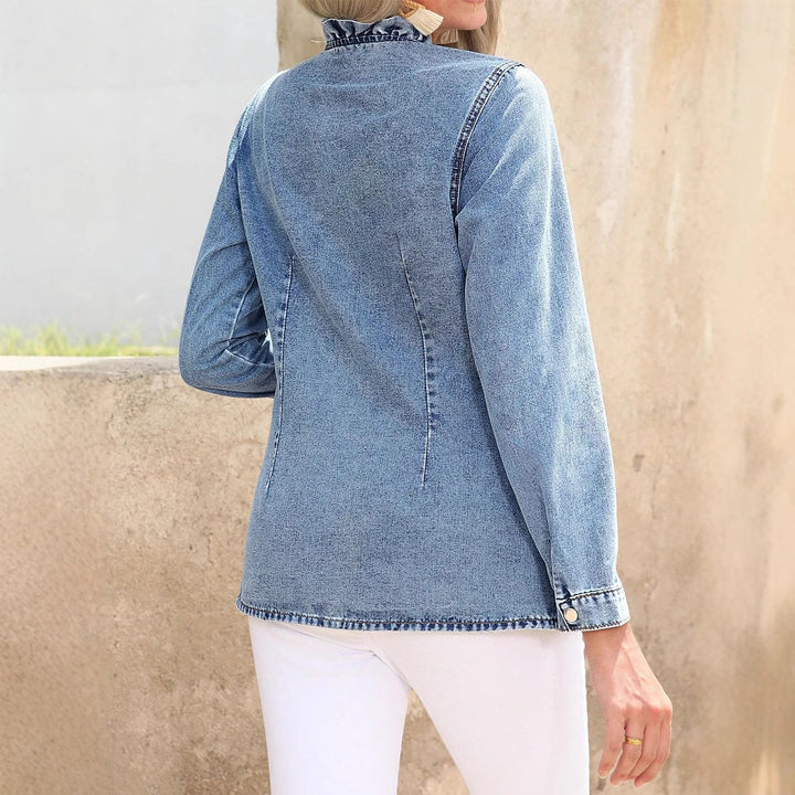 Women's Casual Long Denim Shirt Jacket with Stand Collar and Metal Button Placket Amarae