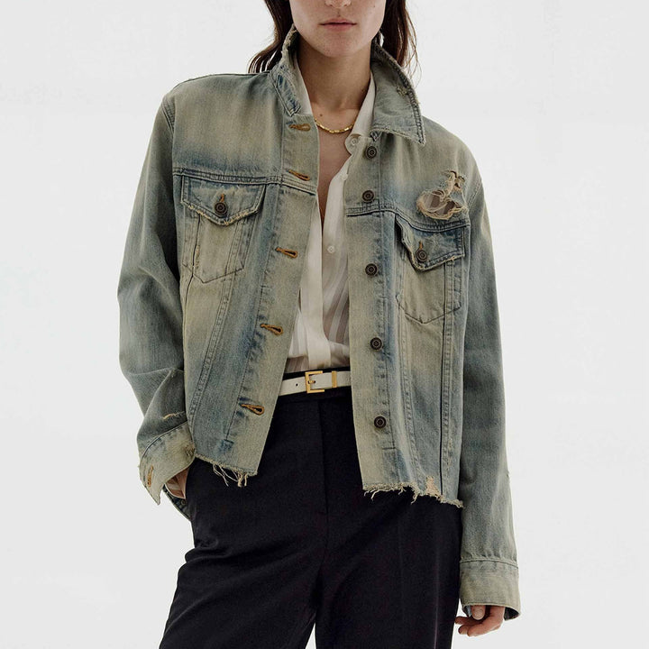 Women's fashionable denim jacket in vintage style with casual cut and frayed details Lune London