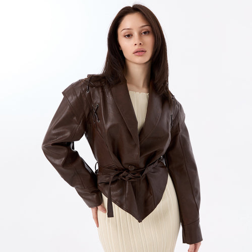 Elegant leather blazer for women with a fitted cut and unique tie belts Amarae
