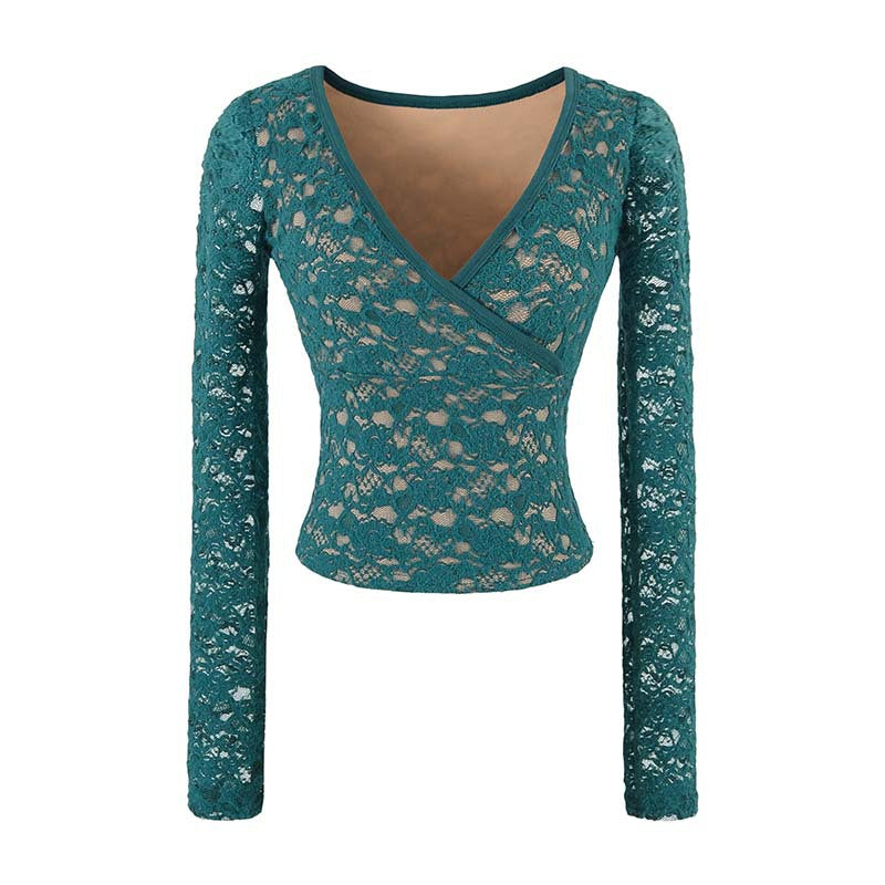 Women's Figure-hugging Lace Top with Wrap V-neck and Long Sleeves Amarae