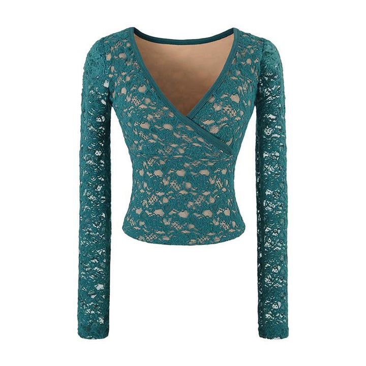 Women's Figure-hugging Lace Top with Wrap V-neck and Long Sleeves Amarae