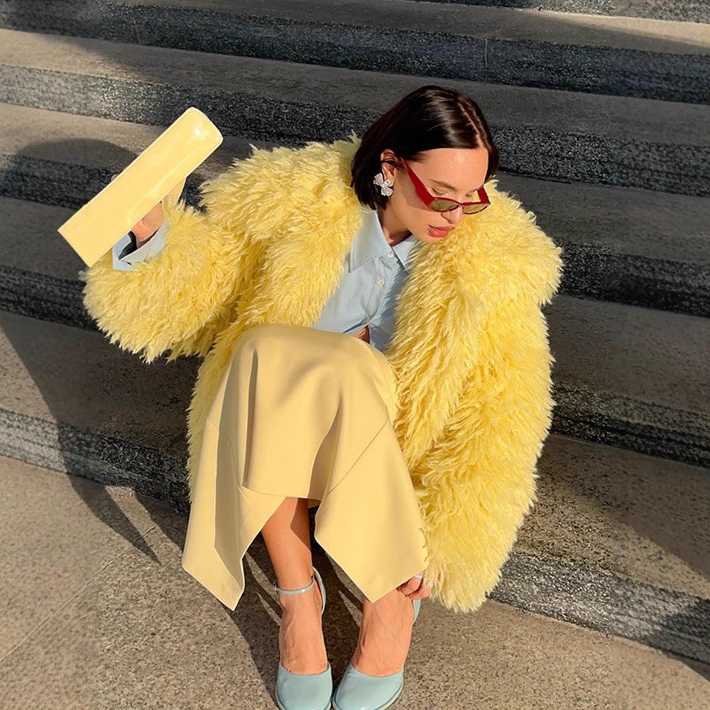 Women's Short Cut Long Pile Shaggy Faux Fur Blouson with Boxy Silhouette Amarae