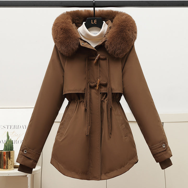 Ladies winter down jacket with a removable faux fur collar and a drawstring waist Lune London