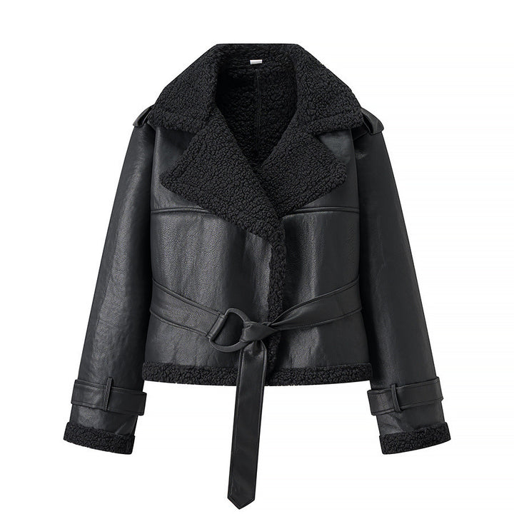 Trendy biker jacket for women with faux fur collar and belt Lune London