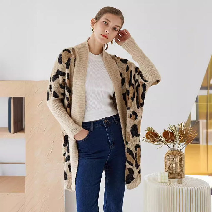 Ladies lightweight knitted cardigan with a modern leopard pattern and an open front Lune London