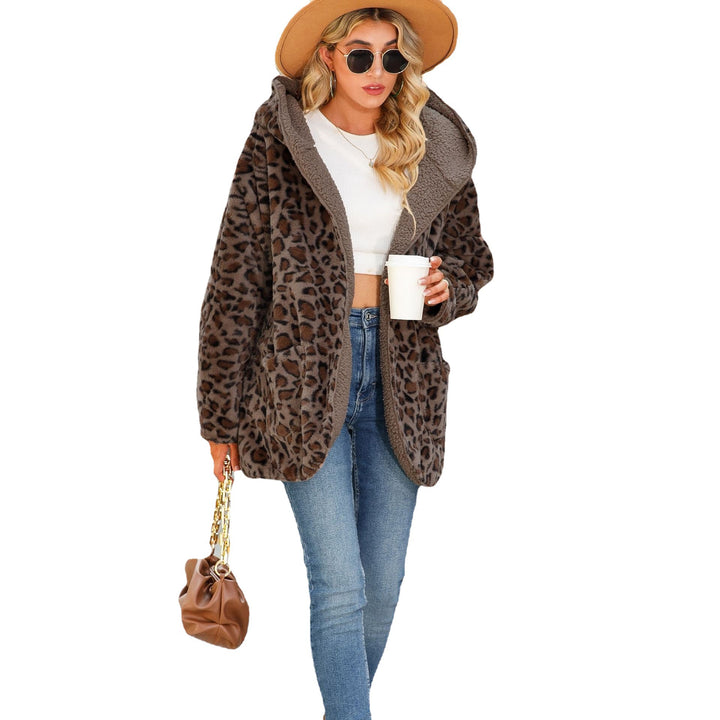 Modern leopard print plush jacket for women with hood and large pockets Lune London