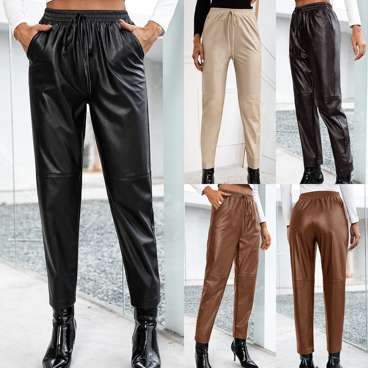 Fashionable synthetic leather pants for women with elastic waistband and side pockets Lune London