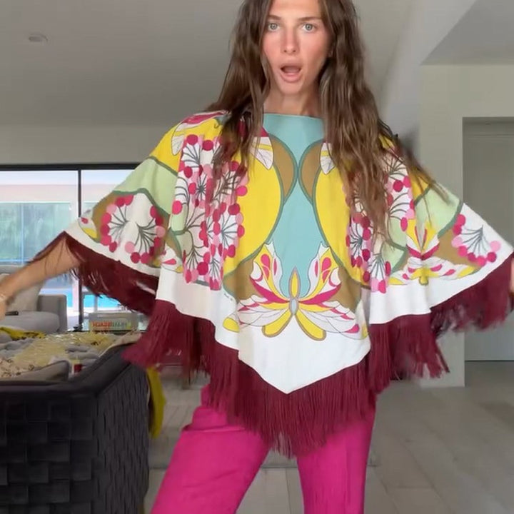 Ladies Silk Print Poncho with Retro Floral Pattern and Long Fringes Amarae