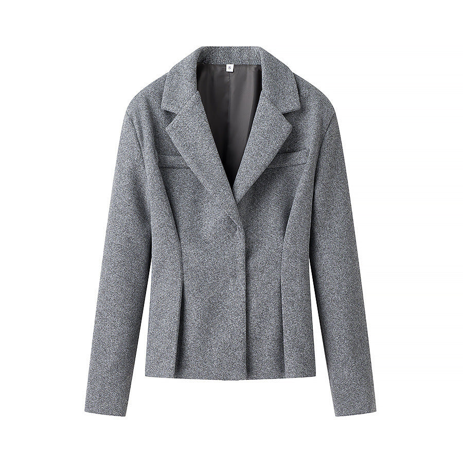 Women's Two-Piece Tailored Wool Suit with Textured Shoulder Blazer and Pleated Midi Skirt Amarae