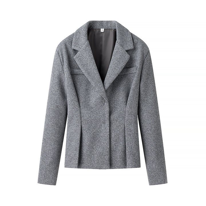 Women's Two-Piece Tailored Wool Suit with Textured Shoulder Blazer and Pleated Midi Skirt Amarae