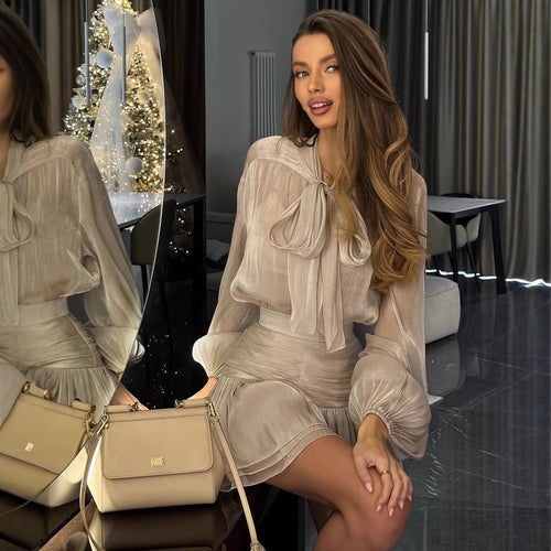 Women's set composed of an elegant blouse with bow detail and voluminous skirt Amarae