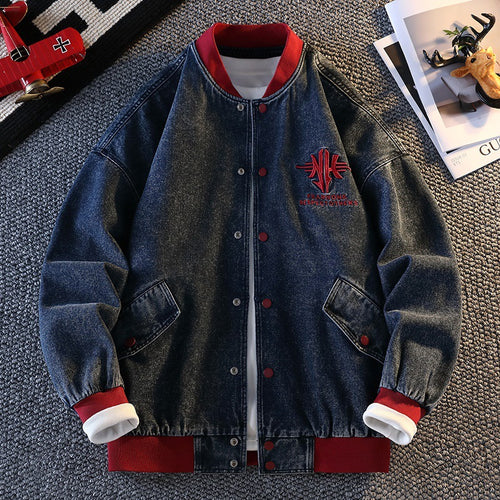 Men's casual denim jacket with university style and embroidered Amarae logo