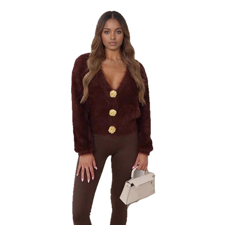 Women's Fluffy Short Jacket with V-Neck and Metallic Decorative Buttons Amarae