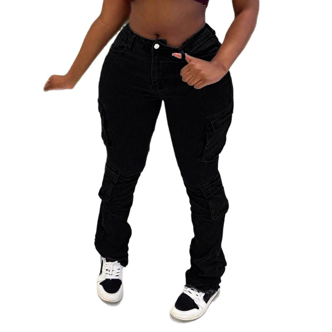 Ladies High-Waisted Cargo Jeans with Multiple Flap Pockets and Long Leg Amarae