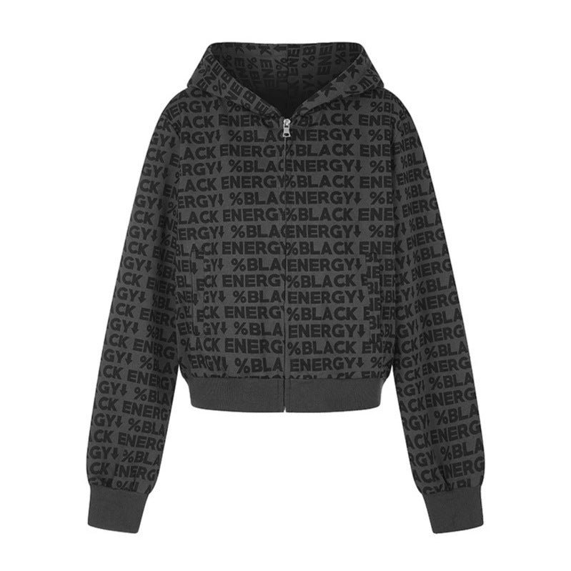 Women short zip hooded jacket with allover logo print and elastic ribbed hem Amarae