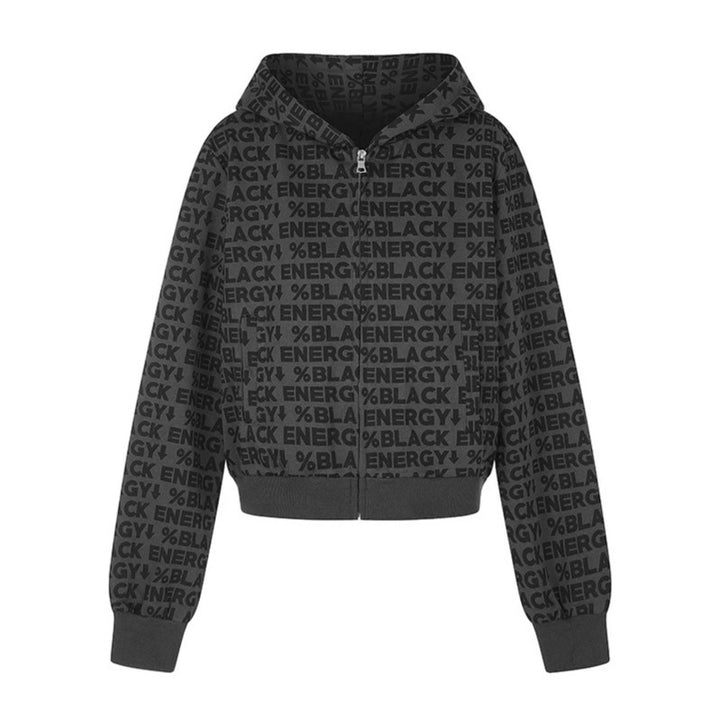 Women short zip hooded jacket with allover logo print and elastic ribbed hem Amarae