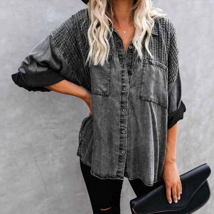 Women's Oversized Denim Blouse with Quilted Yoke, Button Placket and Patch Chest Pockets Amarae