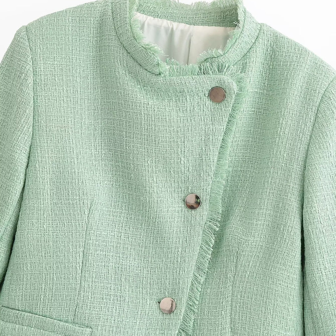 Women Cropped Boucle Blazer with Fringe Hem, Stand-up Collar and Piped Pockets Amarae