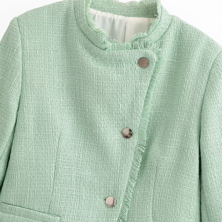 Women Cropped Boucle Blazer with Fringe Hem, Stand-up Collar and Piped Pockets Amarae