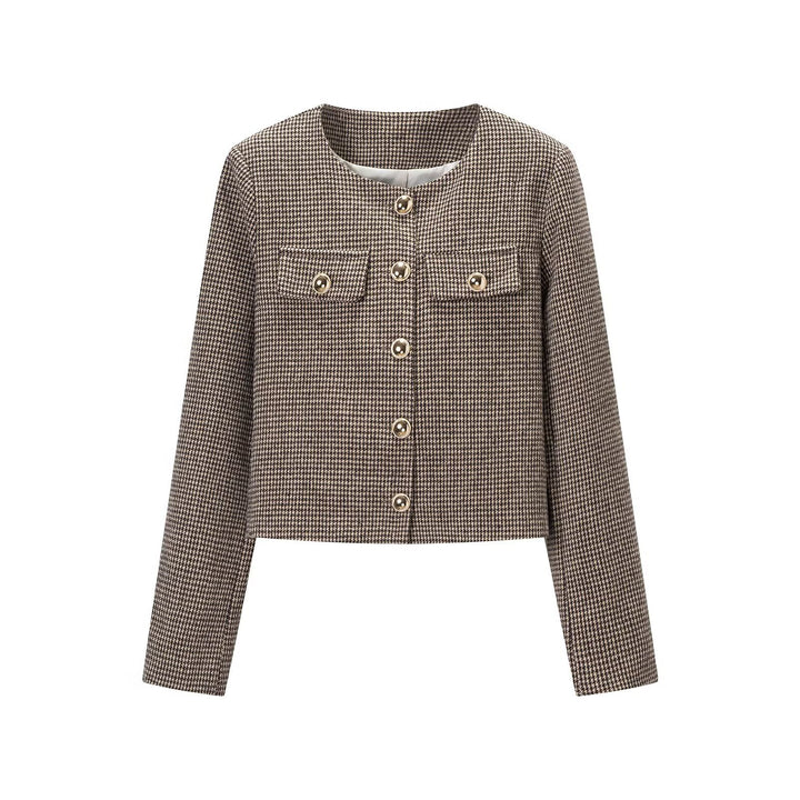 Women's Short Boucle Jacket in Houndstooth Look with Round Neck and Decorative Button Placket Amarae