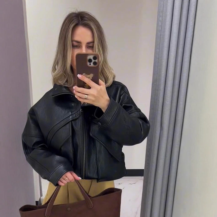 Women's Oversize Bomber Jacket made of textured faux leather with overlapping flap front Amarae