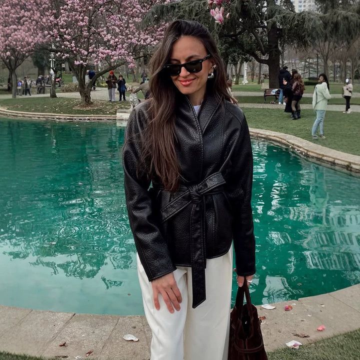 Women's Tailored Wrap Blouson in Structured Leather Look with Tie Belt Amarae