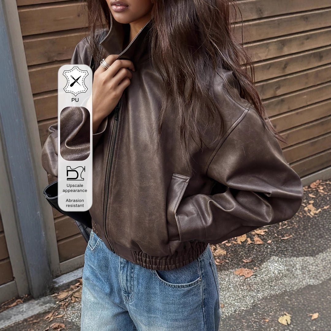 Oversized synthetic leather jacket for women with a modern look featuring a convenient zipper and elastic waist Lune London