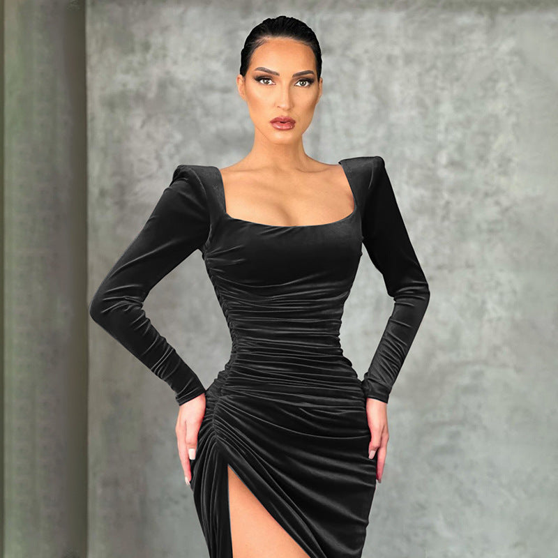 Elegant stretch dress for women with asymmetrical slit and long sleeves Lune London