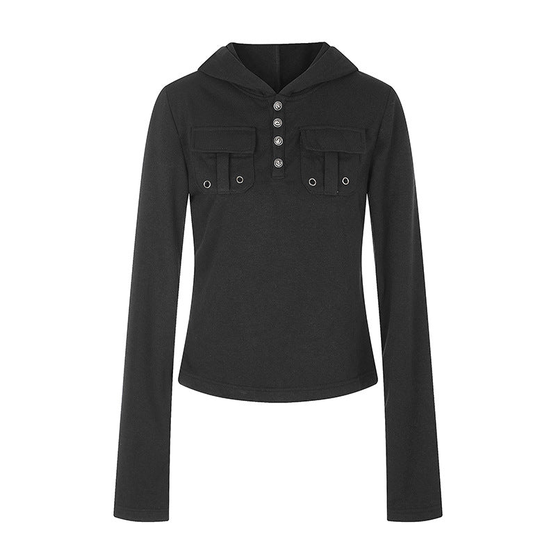 Women's Lightweight Hoodie Long Sleeve Shirt with Henley Button Placket and Patch Chest Pockets Amarae