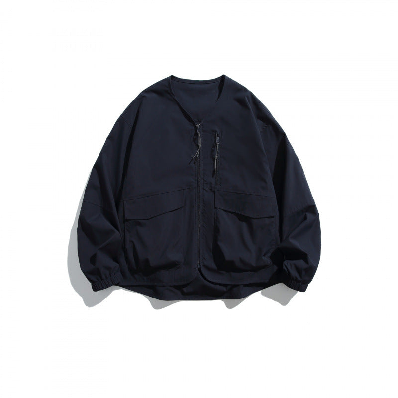 Unisex Lightweight Oversize Utility Jacket without Collar with Front Zipper and Patch Pockets Amarae
