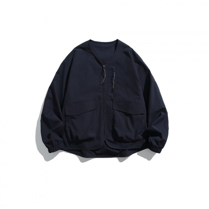 Unisex Lightweight Oversize Utility Jacket without Collar with Front Zipper and Patch Pockets Amarae