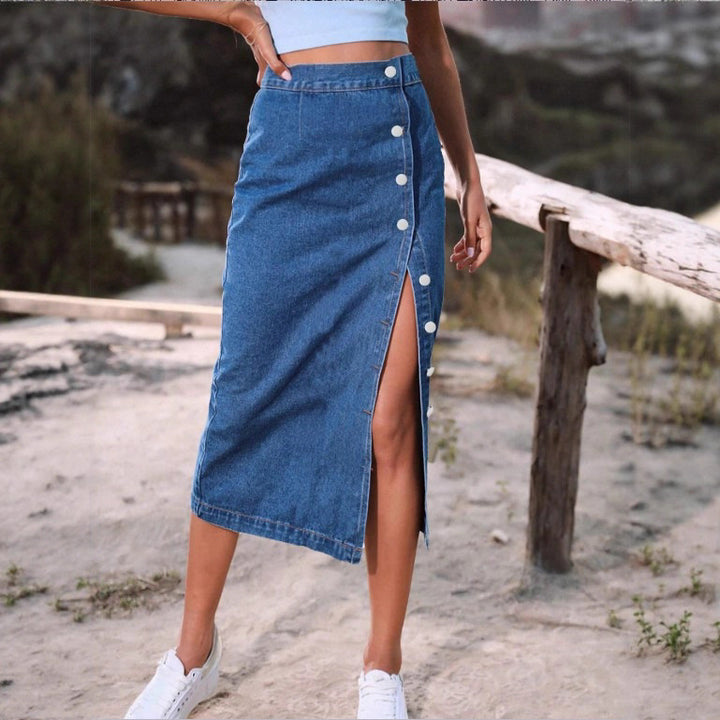 Ladies jeans midi skirt with side button placket and high thigh slit Amarae
