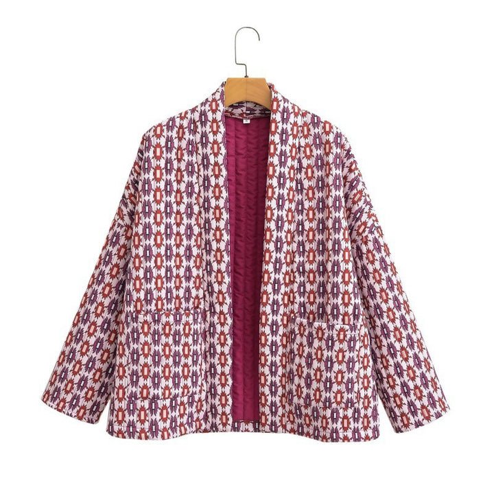Women Quilted Kimono Overlay Jacket with Open Cut and Patch Pockets Amarae