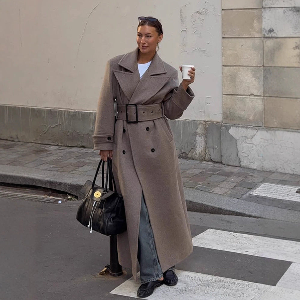 Women Maximal Wool Coat with Double-Breasted Button Placket and Wide Waist Belt Amarae