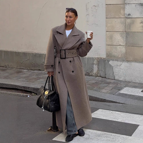 Women Maximal Wool Coat with Double-Breasted Button Placket and Wide Waist Belt Amarae
