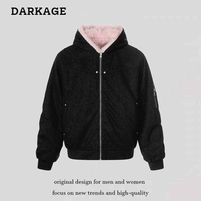 Women Padded Hooded Bomber Jacket with Faux Fur Lining, Velvet Outer Material and Zipper Amarae