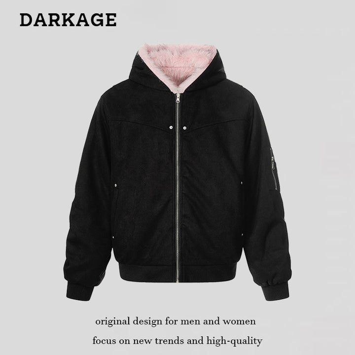 Women Padded Hooded Bomber Jacket with Faux Fur Lining, Velvet Outer Material and Zipper Amarae