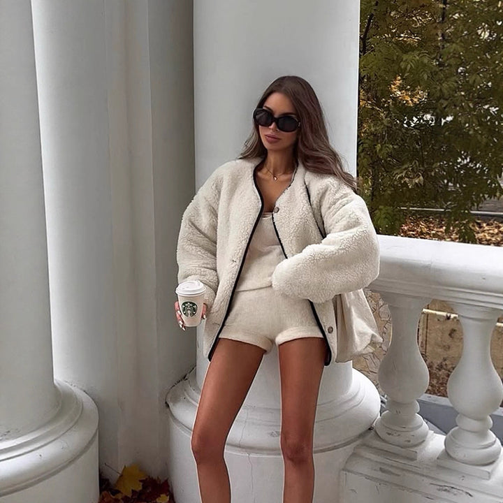 Women's Oversize Teddy-Faux Fur Jacket with Round Neck and Press Stud Placket Amarae