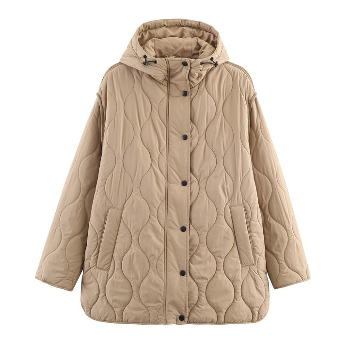 Ladies padded transitional jacket with hood and large pockets Lune London