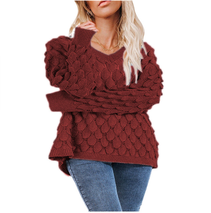 Pull en maille épaisse pour femmes avec motif ondulé sculptural et col en V Chic & Stil